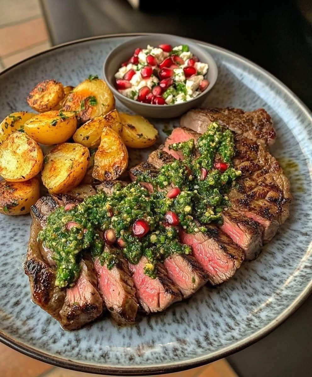 Chimichurri Steak with Crispy Potatoes & Pomegranate Feta Salad 🍊✨ whatsapp image 2025 12 22 at 15.39.54
